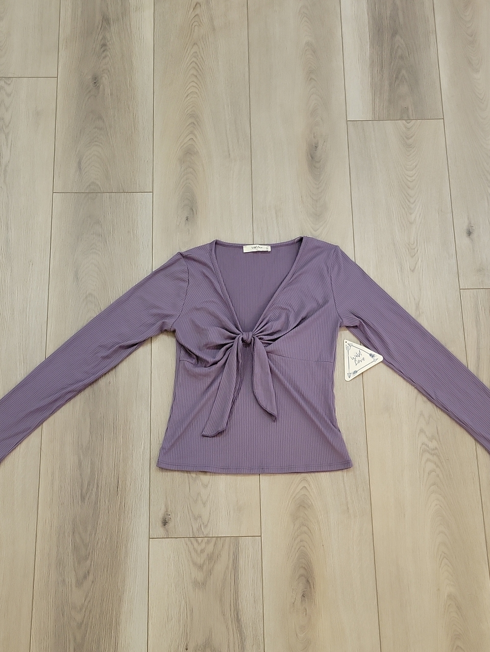 Tie-Front Ribbed Long-Sleeve Top in Lavender